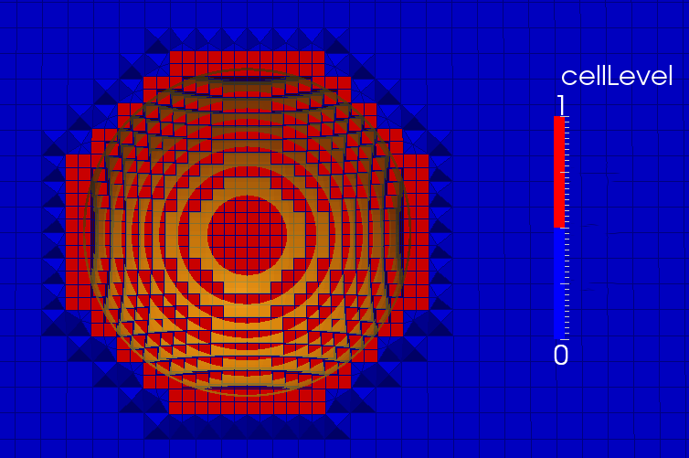 图2.10: 在第一网格划分步骤之后用snappyHexMesh划分的STL球体 (D = 0.25 m)。六面体尚未与体表面对齐。